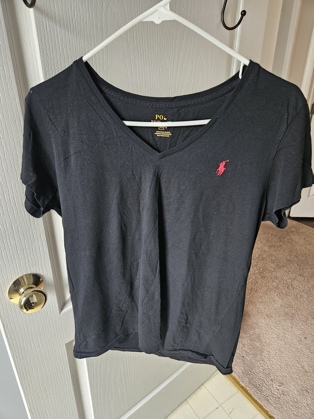 Ralph Lauren Black V-Neck Tee with Pink Pony Logo